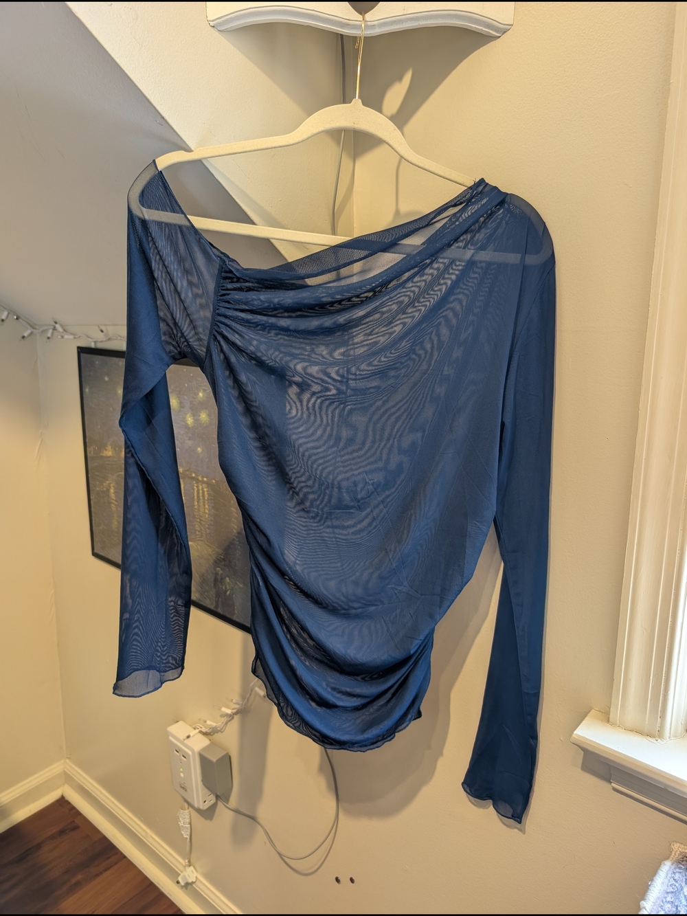 Draped Long-Sleeve Mesh See through Blouse Blue